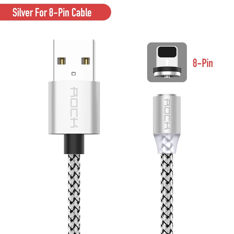 Silver For iPhone Магнитный кабель ROCK для быстрой зарядки с разъемом type-C Micro Usb для быстрой зарядки Usb C светодиодный светильник для iPhone Xiaomi huawei Phone 1 м магнитное зарядное устройство - Цвет: Silver For iPhone