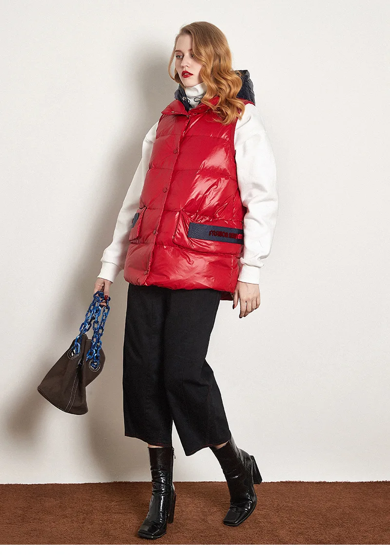 Women Down Vest Winter Hooded Glossy Thicken Warm 90% White Duck Down Jacket Ladies Fashion Contrast Color Winter Outwear