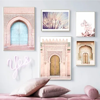 

Islamic Architecture Poster Morocco Pink Wall Art Canvas Print Arabic Calligraphy Quran Picture Painting Modern Home Decoration