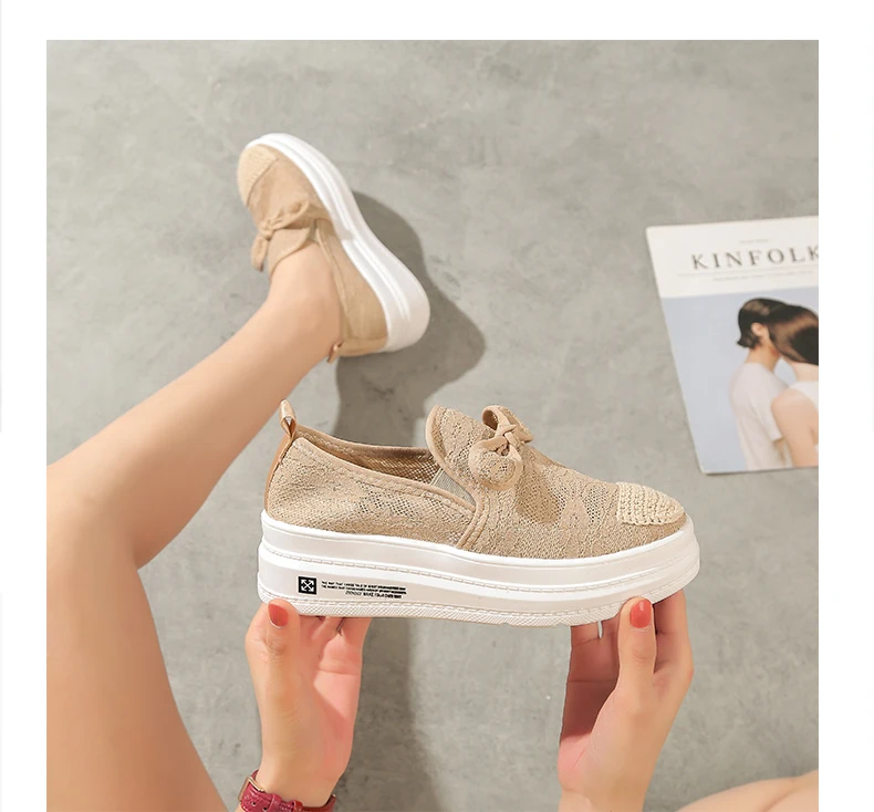 

Lefu shoes women's shoes 2020 summer new mesh breathable lace mesh shoes straw bow thick bottom lazy fisherman sports shoes