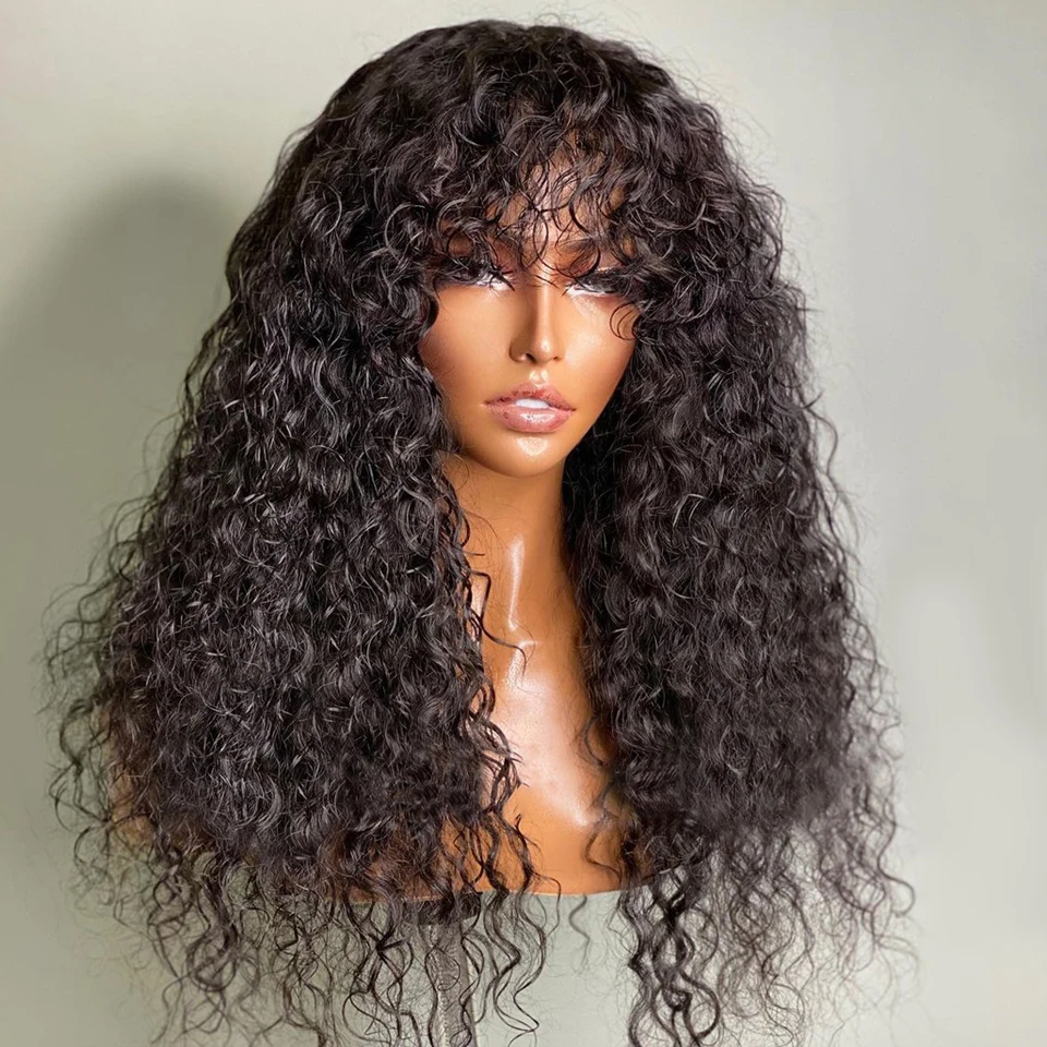 Glueless Water Wave Wig Peruvian Human Hair Wigs With Bangs 180% Full Machine Made For Black Women 32 Inches Fast Shipping | Шиньоны и