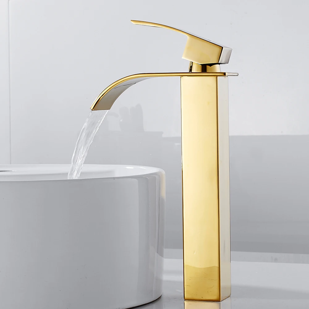Gold plating Роскошная Ванная комната Водопад кран Античная раковина латунь Широкий струящийся смеситель горячей и холодной воды кран на бортике бассейна Torneira современный - Цвет: Gold plating