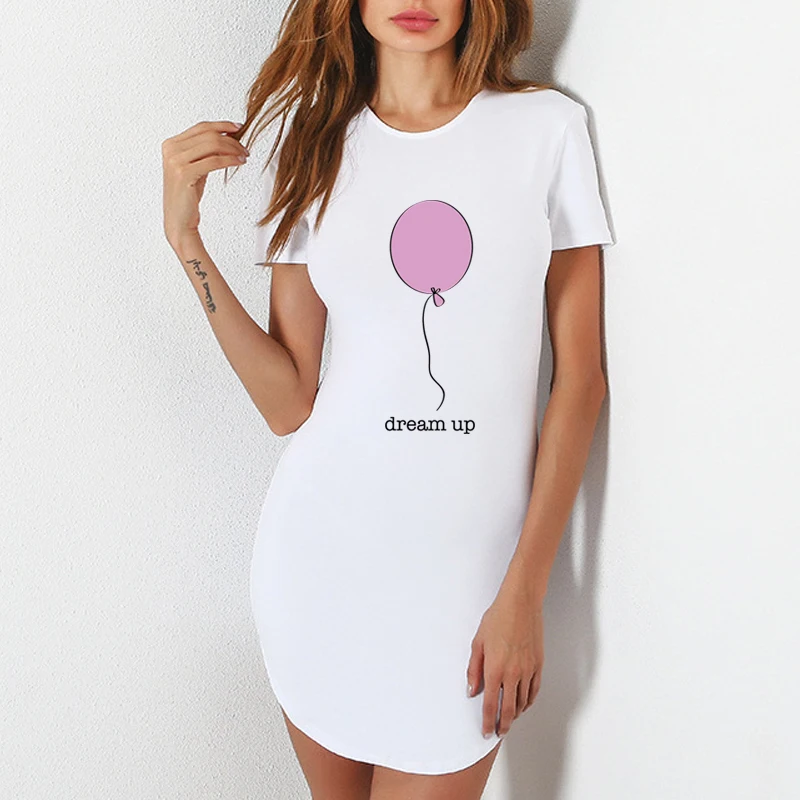 

Women 2019 New Summer Shortsleeve O-Neck Dress white color print Balloon Camisetas Dresses Dream up Print Harajuku Casual Female