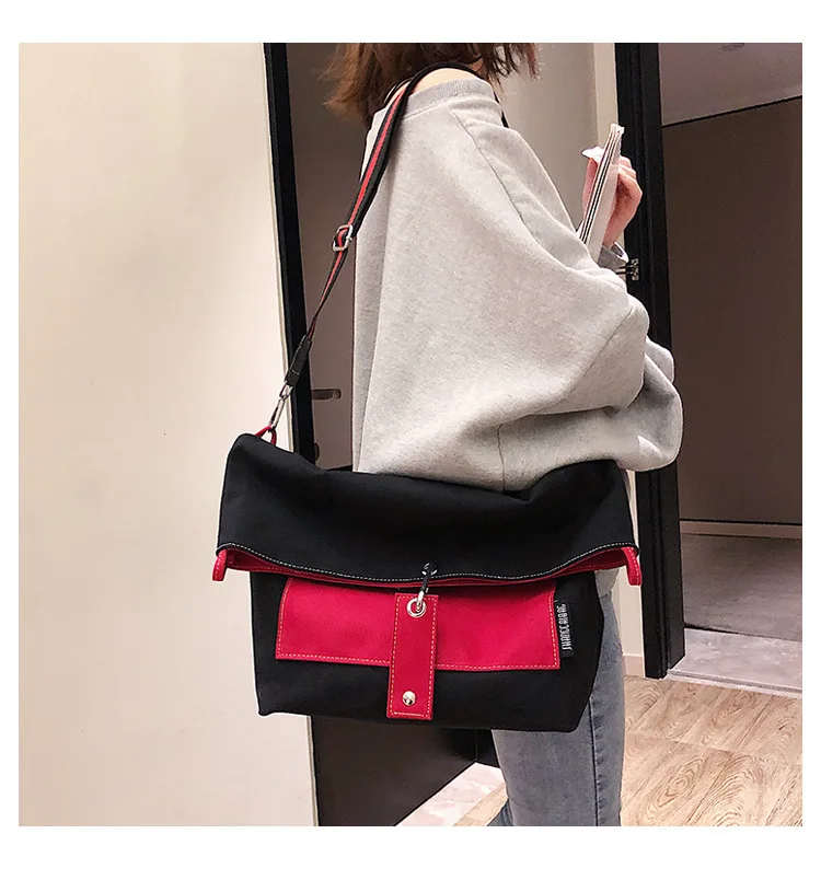 

2019 new canvas shopping bag color multi-pocket large capacity shoulder slung women's bags