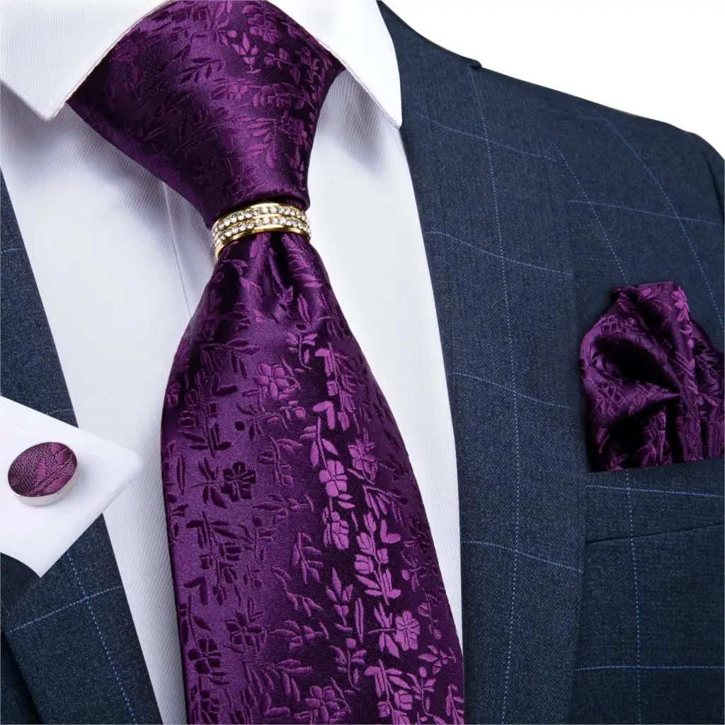 Men Tie Dark Purple Solid Floral Wedding Tie For Men Necktie Ring Hanky Cufflink Silk Tie Set DiBanGu Designer BusinessJZ03-7267 - Цвет: JZ-03-7267