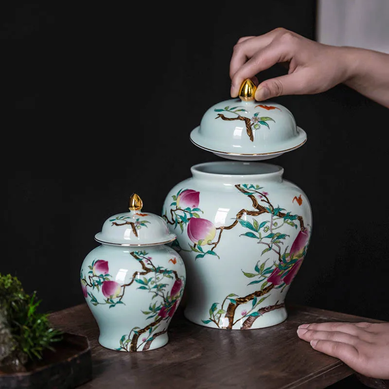 

Retro flat peach ceramic tea storage tank size piggy bank universal jar candy sealed jar ceramic living room desktop decoration