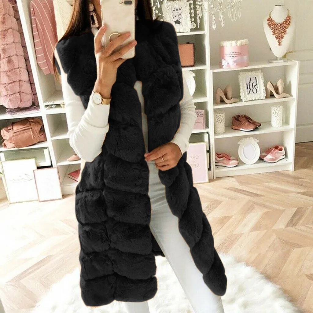 Женский роскошный меховой жилет, элегантные женские длинные зимние куртки из искусственного меха, черный жилет без рукавов, теплая верхняя одежда