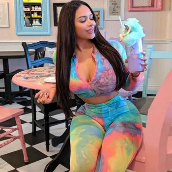 

Tie Dye Print Fitness Tracksuit Women 2 Piece Set Casual Outfits Long Sleeve Zipper Crop Top And Pants Suit Autumn