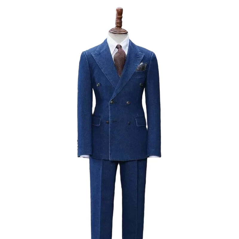 

New Casual Blue Denim Oxford Men Suits Costume Homme Fashion Wedding Prom Jeans Male Slim Fit Groom Blazer 2 Pcs Set(Jacket+Pant