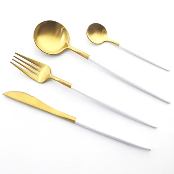

4Pcs/Set White Gold Dinnerware Set 18/10 Stainless Steel Cutlery Set Matte Knife Fork Tea Spoon Tableware Set Kitchen Dinner Set
