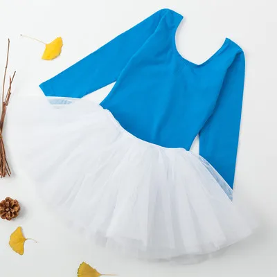 Blue and White Детское хлопковое гимнастическое трико с длинными рукавами, балетное танцевальное платье танцевальная одежда для девушек с балетной юбкой-пачкой гимнастическое платье - Цвет: Blue and White