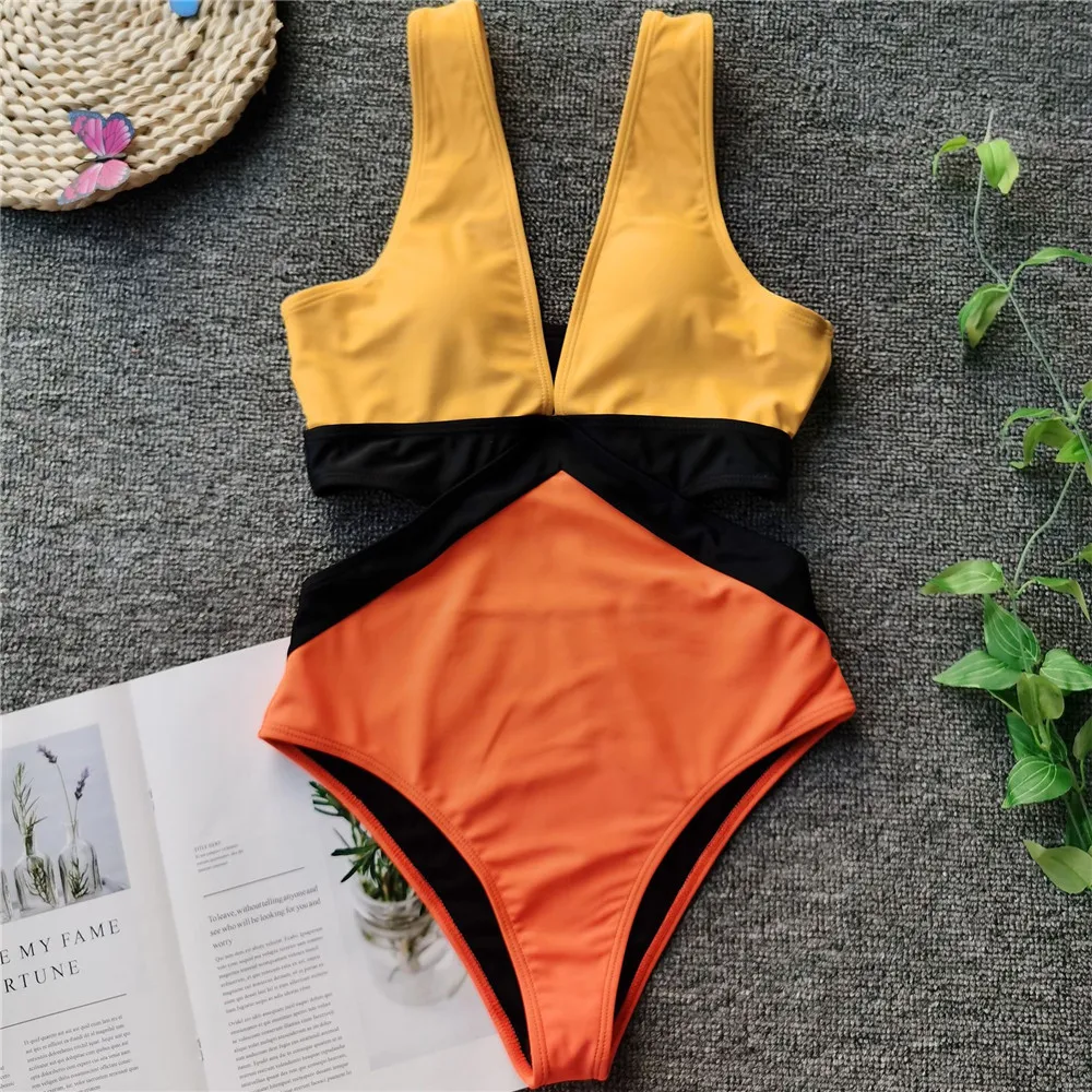 Vigorashely Sexy Deep V Neck Swimwear Women Vintage One Piece Swimsuit Female 2020 High Waist Monokini Bathing Suit Swim Wear