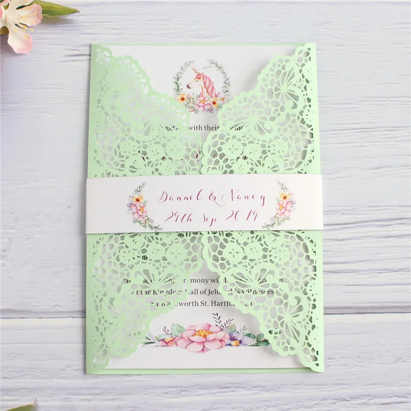 mint green Вечерние Пригласительные открытки единорога на заказ, вставные карточки, лента для живота, печать цветов, лазерная резка, Заводская поставка 50 шт - Цвет: mint green