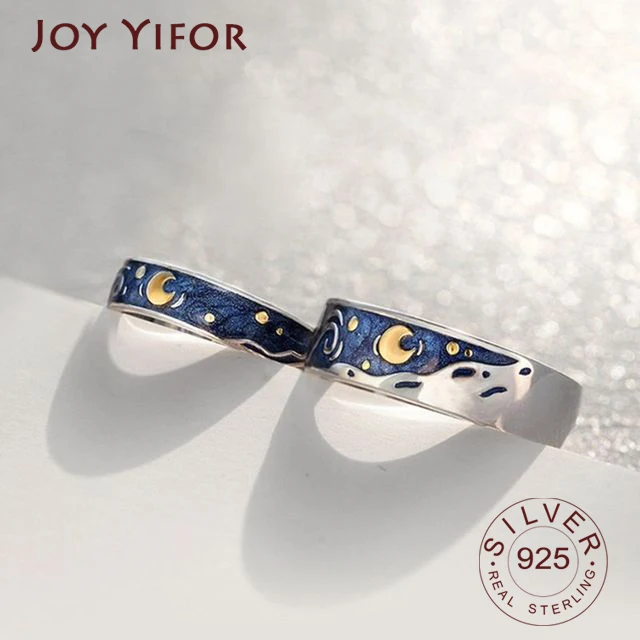 S925 Van Gogh Starry Sky Open Lover Rings Band Romantic Couple Jewelry Ring