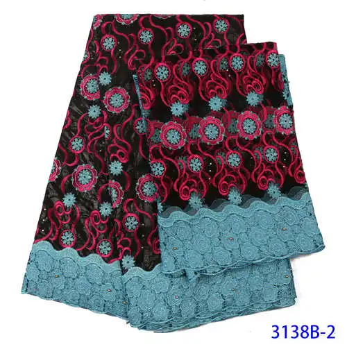 Austria Cotton Voile Lace Fabric White Green Wax Stone Cord Side Jacquard Brocade Black 5+2 Yards African Ankara Quality - Цвет: 3138B-2