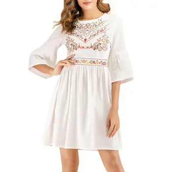 

Sexy white Women's Spring Summer Dress White Half Sleeve Mini Party Dress Elegant Floral Embroidery Waist Tight Knee-length Dres