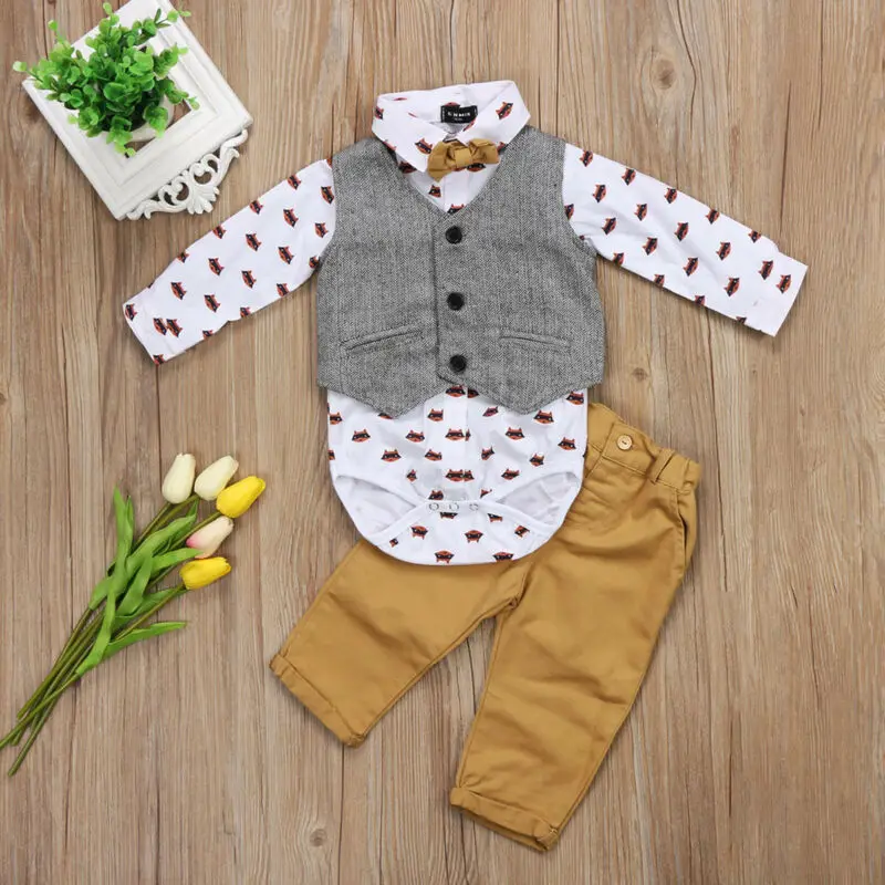 Emmababy деловой костюм джентльмена для маленьких мальчиков жилет с бантом желтые штаны Повседневный костюм-смокинг с галстуком-бабочкой осенний комплект