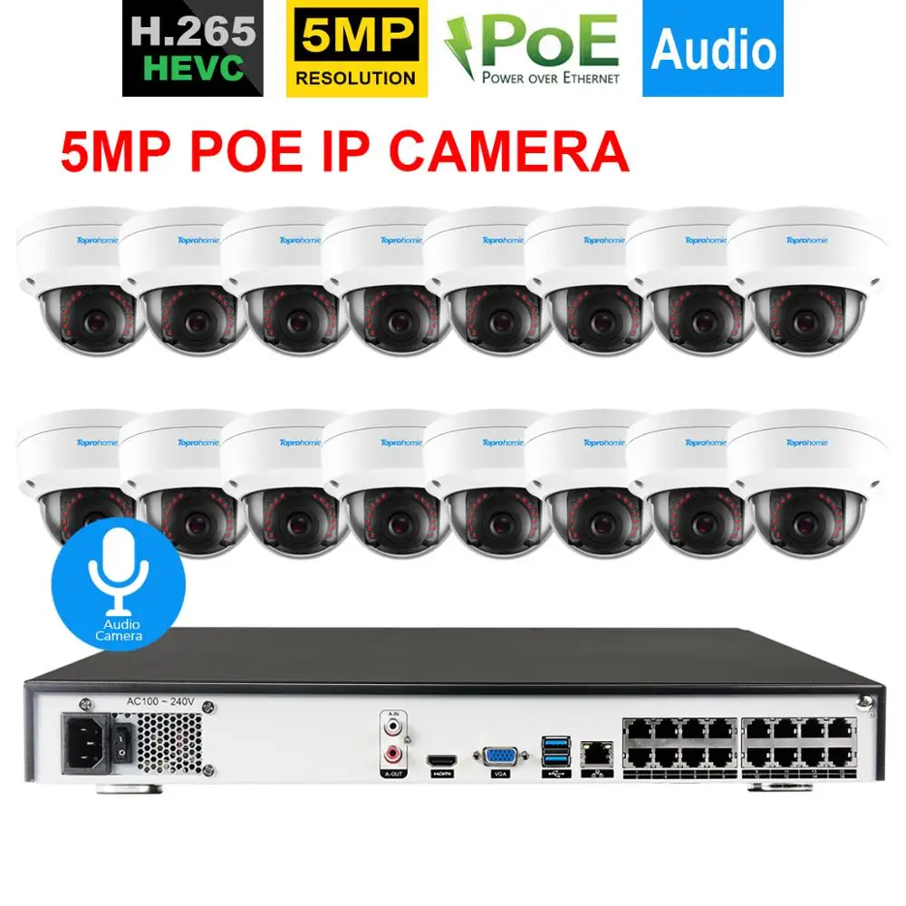 TOPROHOMIE H.265+ 16CH POE CCTV система 48 В 5MP безопасности Антивандальная аудио запись POE камера ночного видения комплект камеры наблюдения