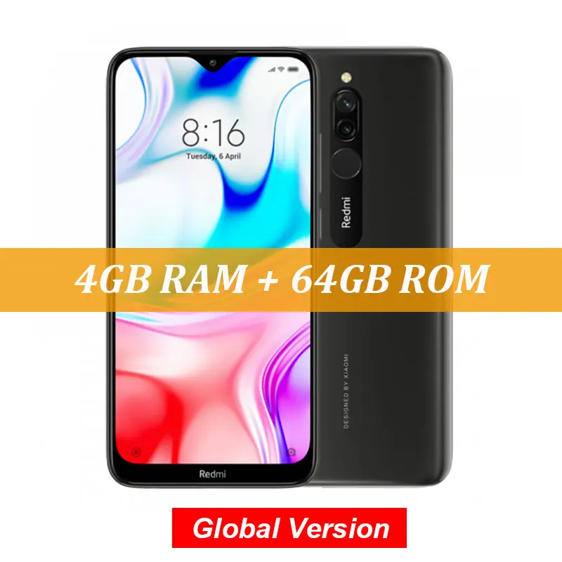 Глобальная версия, Xiaomi Redmi 8, 4 ГБ, 64 ГБ, Восьмиядерный процессор Snapdragon 439, двойная камера 12 Мп, мобильный телефон, 5000 мАч, большая батарея OTA - Цвет: Black