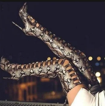 

Sexy Python Print Leather Over The Knee Boot Women Pointed Toe Black White Snakeskin Lace Up Thigh High Boot Cut-out Runway Shoe
