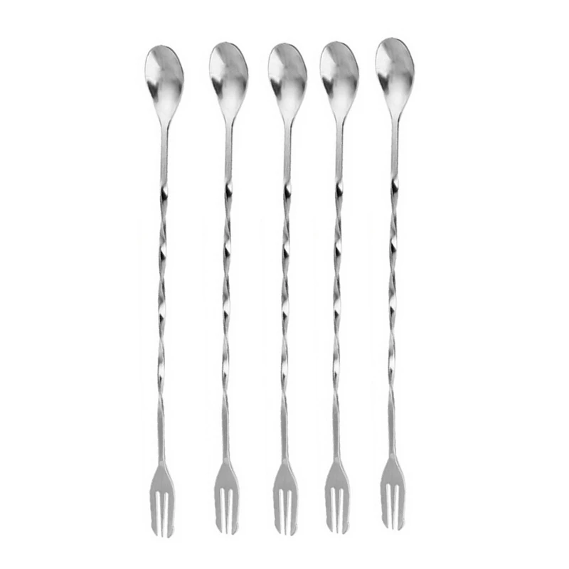

5 PCS Double Head Stainless Steel Bar Cocktail Shaker Mixing Spoon with Fork
