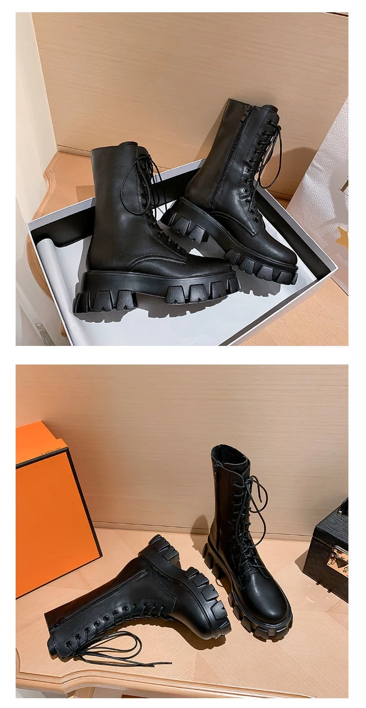 JAYHW Martin Boots Women Shoes Autumn Artificial Leather Round Toe Cross Lace-up Mid-calf Goth Boots Platform Botas Woman Mujer