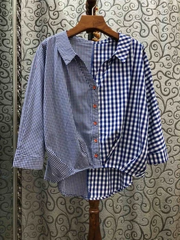 

2020 Early Spring New Women's Irregular Plaid Stitching Decorations Long Sleeve All-match Shirt Shirt 407