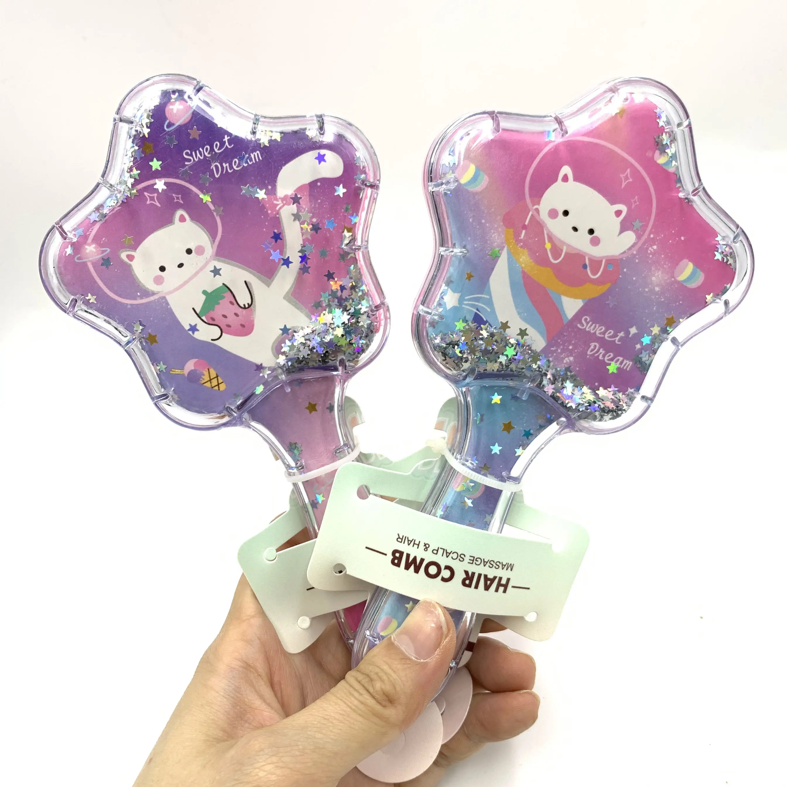 Расческа детская с блестками массажная единорогом котом русалочкой звездами