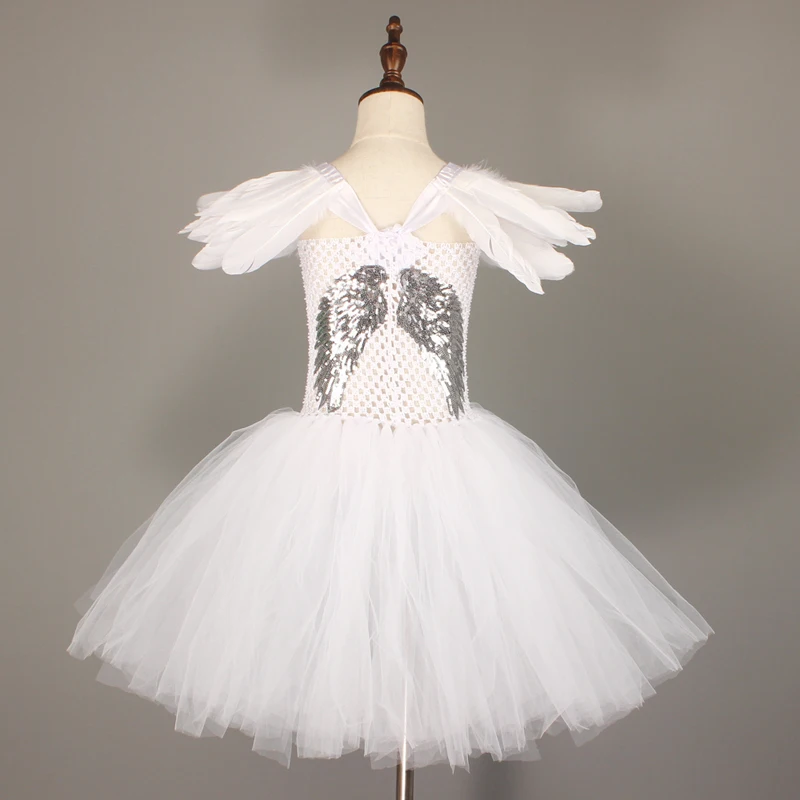 Girls White Heavenly Angel Tutu Dress with Halo & Sequin Angel Wings Back Children Halloween Fancy Dress Up Christmas Costume (5)