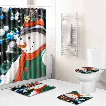 

Christmas Shower Curtain Mat Combination Four-Piece Set Bathroom Toilet Carpet Shower Room Mat Mat Cross-Border Hair