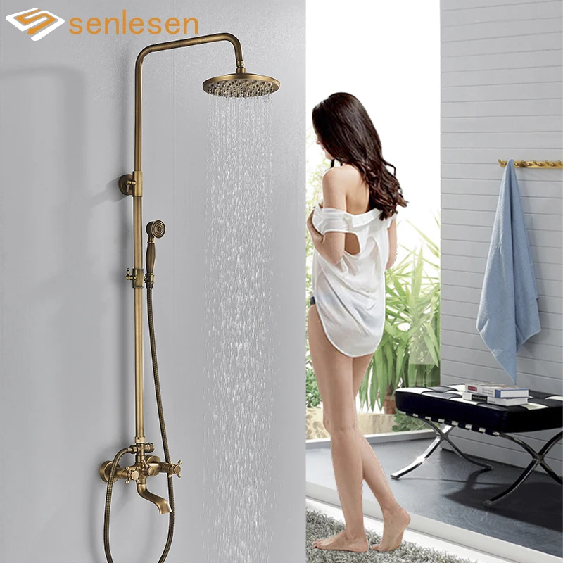 Grifo de baño de lluvia de latón antiguo, juego de ducha montado