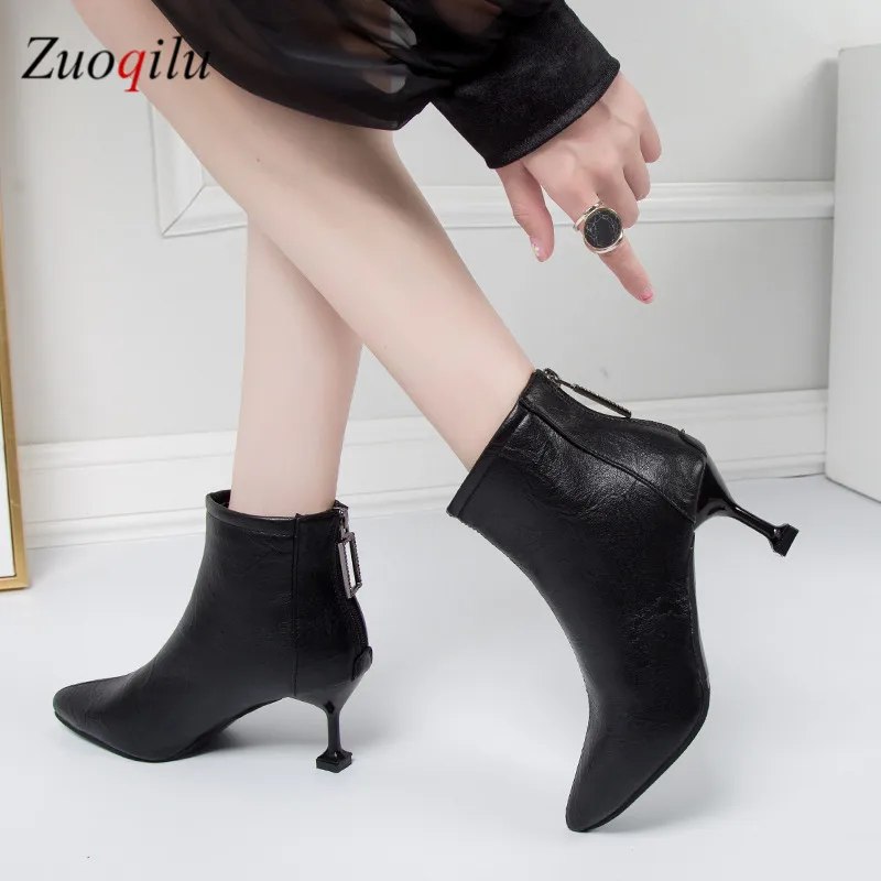 

women boots high heels boots patent leather PU pointed high heels women shoes zipper ankle boots size 34-40
