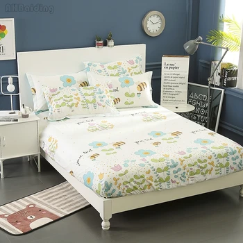 

1Pc Floral Honeybeer Fitted Sheet 100% Cotton Bed Sheet for Children Adult Bedding Mattress Protector Cover Twin Full Queen Size
