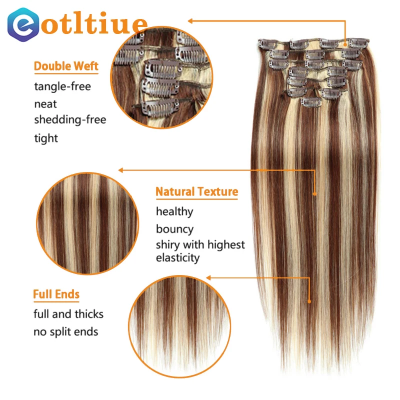 8Pcs/set 120g Piano color Caramel Brown Clip In Hair Extensions Human Hair Machine Made Natural Real Remy Clip Ins hair extensions