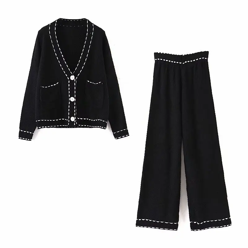

Autumn knitted sweater Suit women Hand sewing tops V neck Loose knitted pants rough edge Stylish Casual loose chic femme