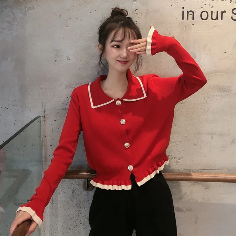 Girls Autumn Fashion Lapel Ruffled Cardigan Stitching Long-sleeved Knit Sweater Women Button CardiganCM