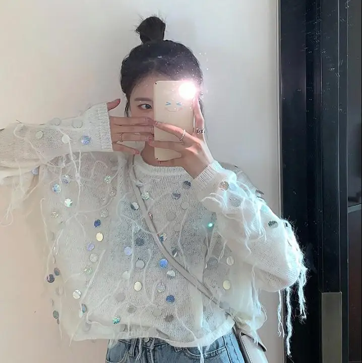 

2019 Winter & Autumn New Arrival Design Sense Small Sequins Sweater Loose Mohair Long-sleeved Knit Sweater Women Free Shipping