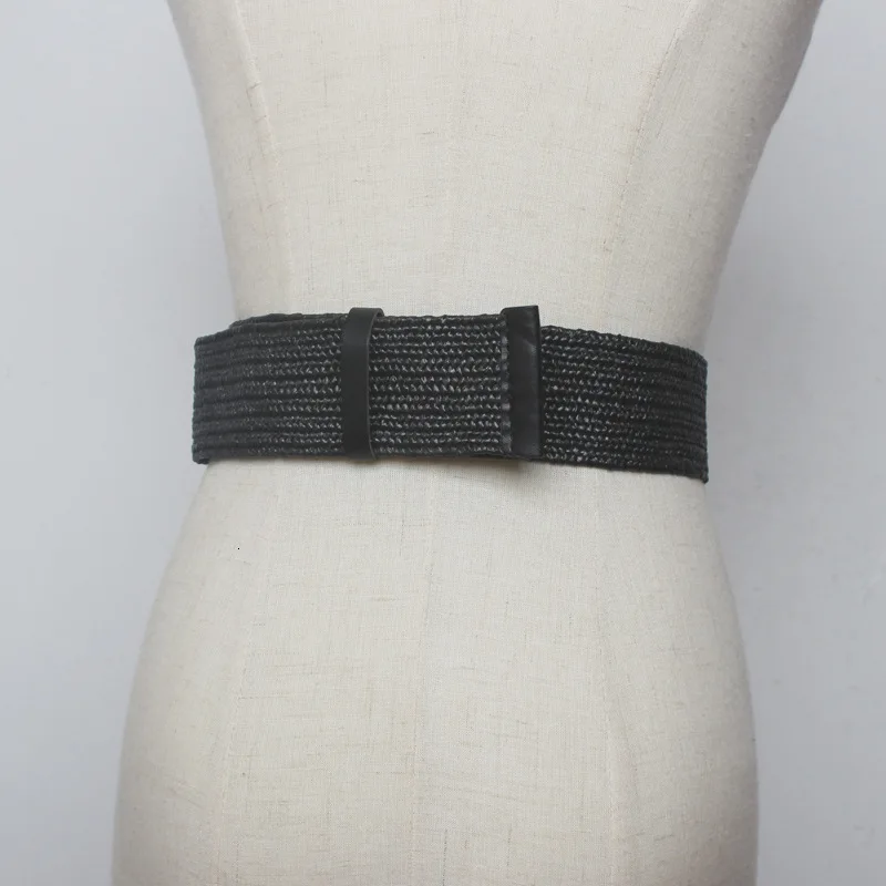 Women Bohemian Elastic Braided Belt Fashion Female Summer Dress Jeans Wide Black PP Straw Designer Wood Buckle Boho Belts Summer