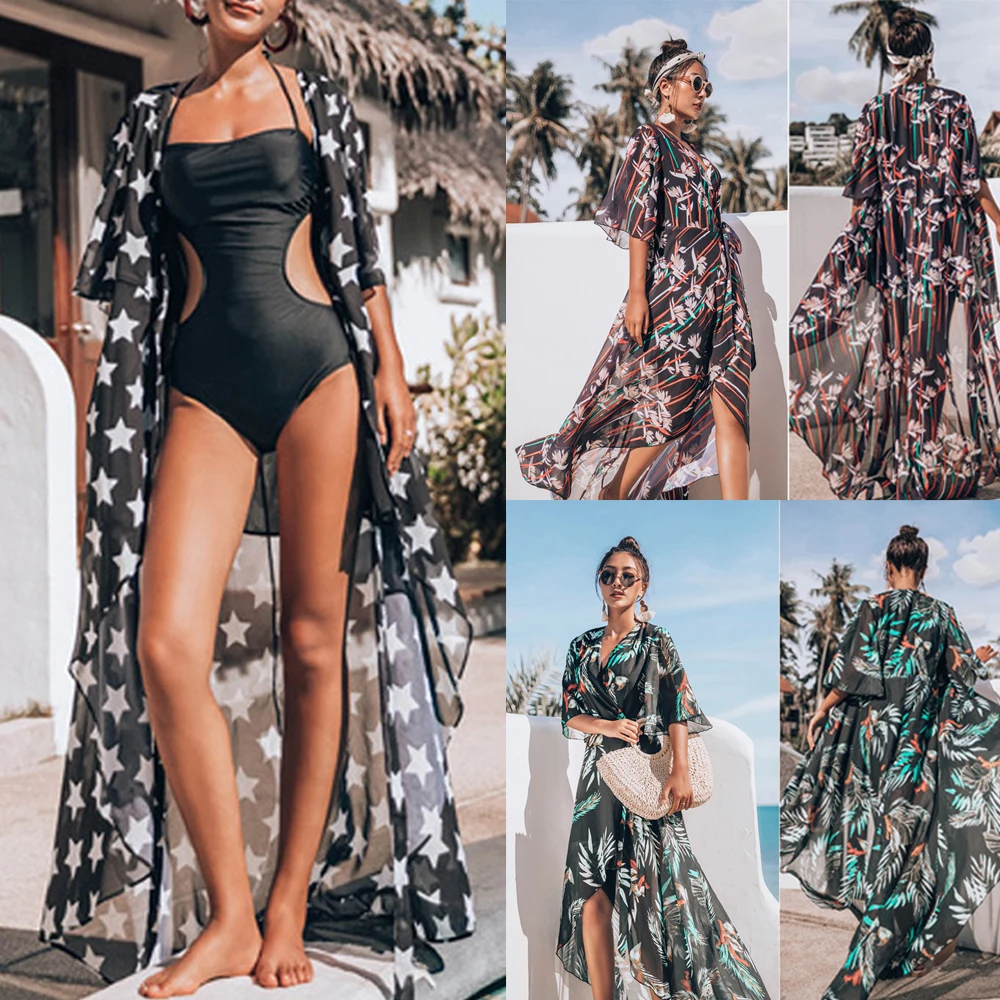 Летние Для женщин Bikini Cover Up купальник с коротким рукавом пляжный кардиган шифоновое пляжное платье с принтом Бохо длинное платье