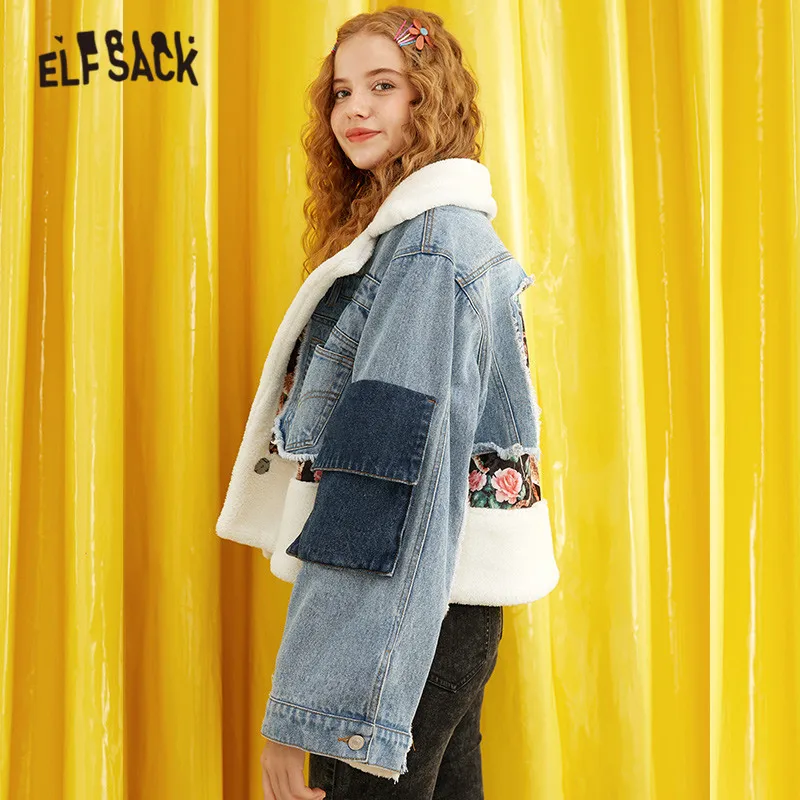 awesome ELFSACK Blue Floral Printed Teddy Lazy Women Denim Coat 2019 Winter New Polar Fleece Straight Casua