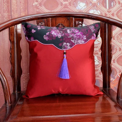 

New Chinese Style Pure Color Classical Cushion Cover Tassels Jade Bead Plant Flower Fish Black Peony Pillowcase Seawater