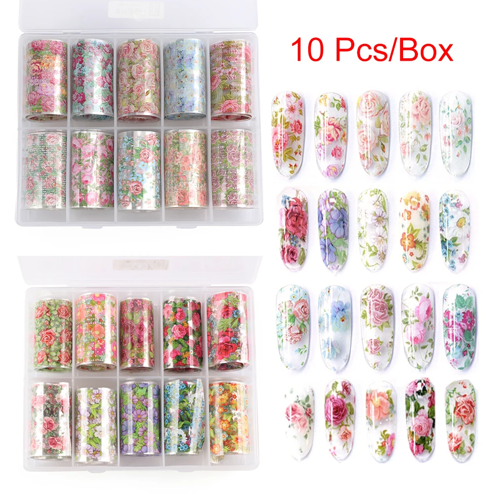 

10 Rolls/Box 4x100CM Transfer Foil Nail Art Stickers Paper Retro Flower Adhesive Decals Wrap Slider Tape Nail Decoration