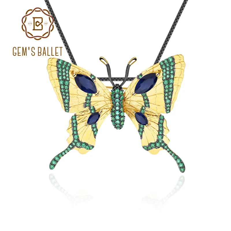 

GEM'S BALLET Original 3.6Ct Natural Sapphire Butterfly Pendant Brooch Handmade 925 sterling silver Pendant For Women jewelry