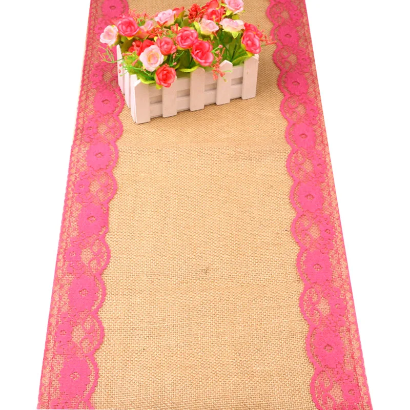 Rose red Винтажный Натуральный Холщовый джутовый льняной стол бегуны кружева стол бегуны и скатерти для свадьбы Рождество Вечеринка день рождения - Цвет: Rose red