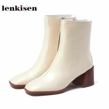 

Lenkisen 2019 new arrival sewing cow leather zipper solid boots square to high heels simple winter warm women ankle boots L6f1