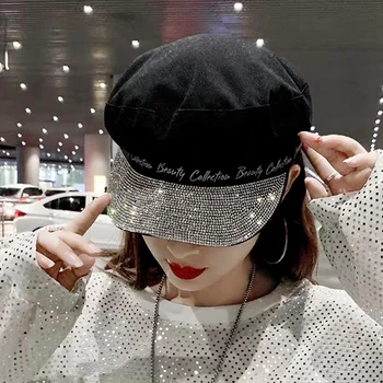 

Fashion Women's Letter Octagonal Cap Wide Brim Hat Military Newsboy Spring Autumn Diamond Cap Ladies Black Casual Hats