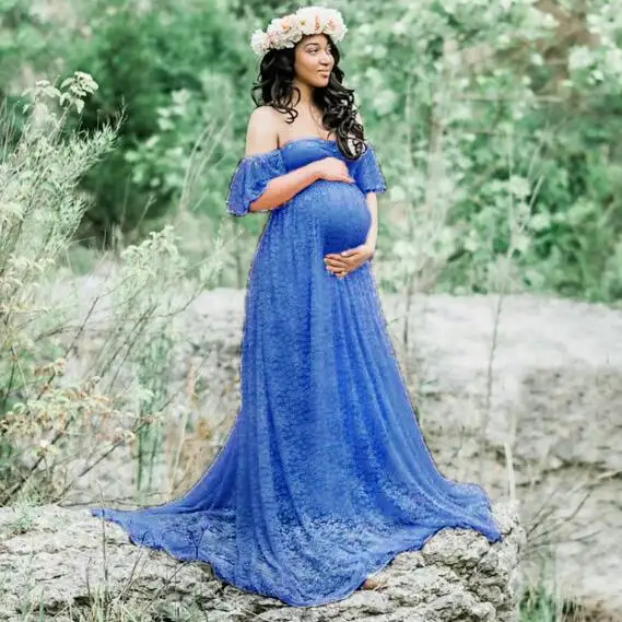 CHCDMP Новое Элегантное кружевное платье для беременных реквизит для фотосессии Длинные платья Одежда для беременных необычная Одежда для беременных фотосессии - Цвет: Синий
