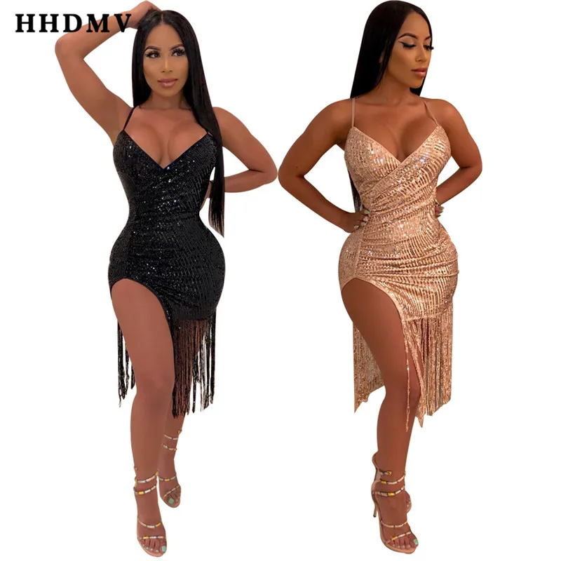 

HHDMV WNY8817 summer women hot sale sexy club style dresses sleeveless deep v condole belt tassel tight knee-length dresses