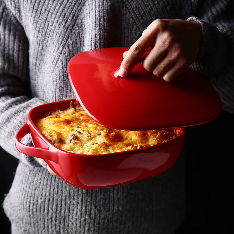 

Ceramic Dual Handle with Lid Oven Dish High-temperature Resistant Oven Cheese Baking Pan Creative Restaurant Red Large Baking Ve