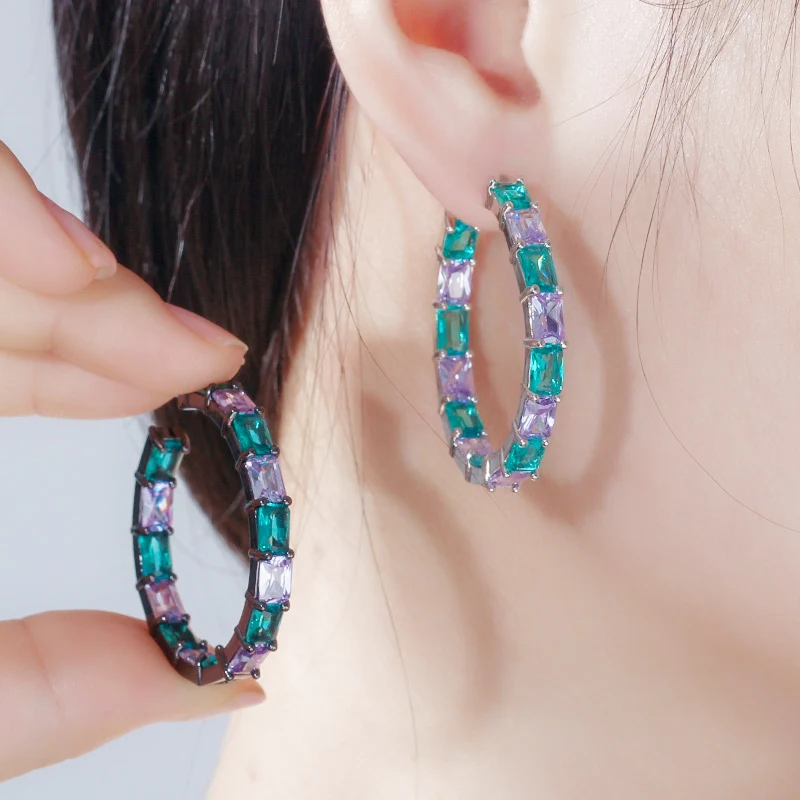 CWWZircons Luxury Designer Brazilian Black Gold Bamboo Big Circle Round Blue CZ Crystal Hoop Earrings Jewelry for Women CZ620